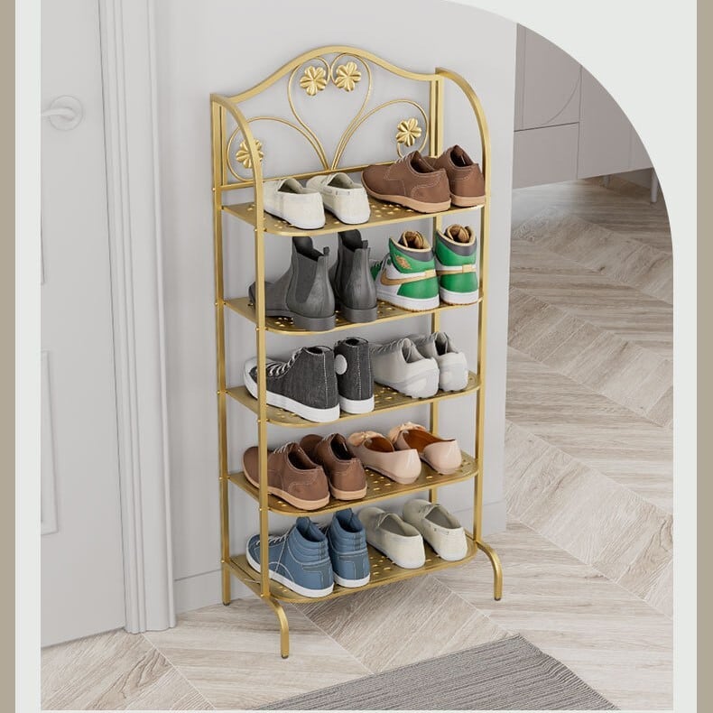シューズ ラック 5段 凹凸 デザイン おしゃれ かわいい 収納 キャビネット 下駄箱 靴箱 大容量 玄関 滑り止め 付き ゴールド シルバー