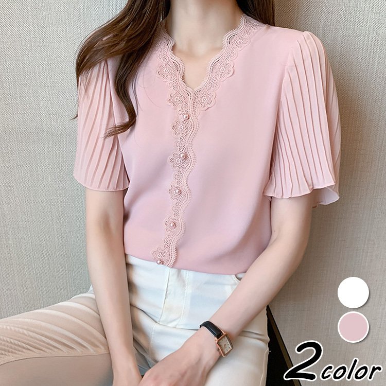 ブラウス レディース 40代 最新入荷 春夏新作 白シフォンシャツ 半袖トップス レースvネ オシャレブラウス