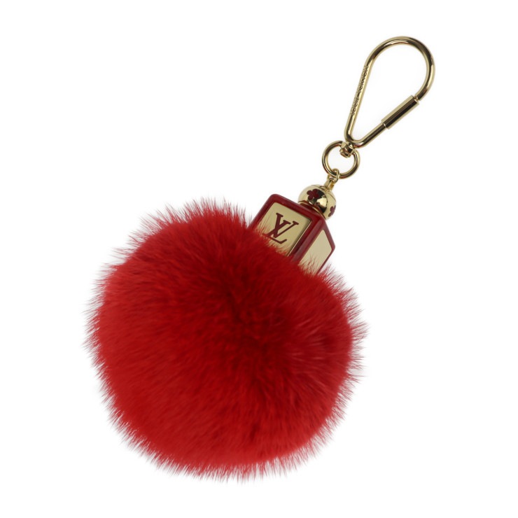 超美品 LOUIS VUITTON ルイ ヴィトン キーホルダー M67313 フラッフィー ミンクファー レッド ゴールド金具 バッグチャーム キーリング ビトン 本物保証 中古
