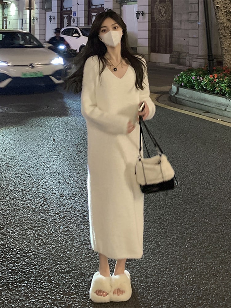 フランスのジャンパーロングスカート女性の秋と冬のクリスマス内に底ホワイトニットドレスサブ