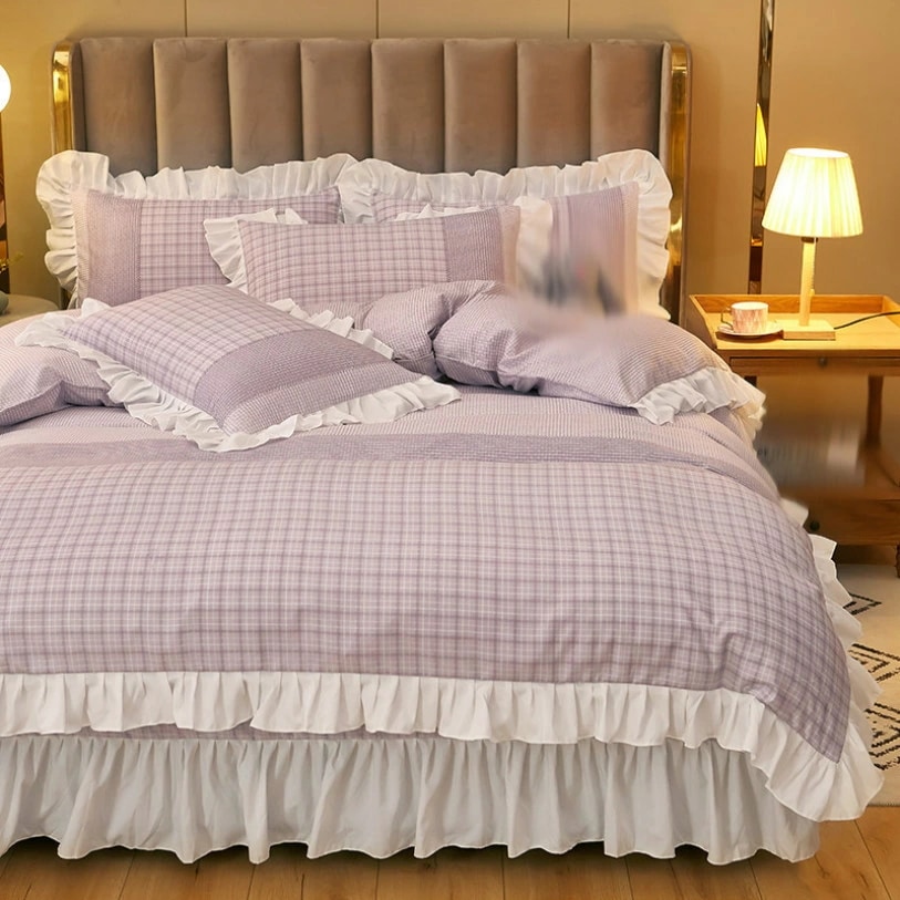 クーポン 格子縞 チェック柄 布団カバー ダブル 4点セット フリル付き 掛け布団カバー ベッドカバー 枕カバー2枚 ベッドシーツ ベッドスカート 洋式 和式兼用 寝具カバーセット ピーチスキン加工