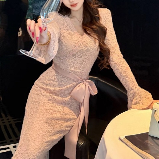 上質 Vネック セクシー レースワンピース 純欲 ウエストマーク 痩せ見え 膝上 ボディコン ロング