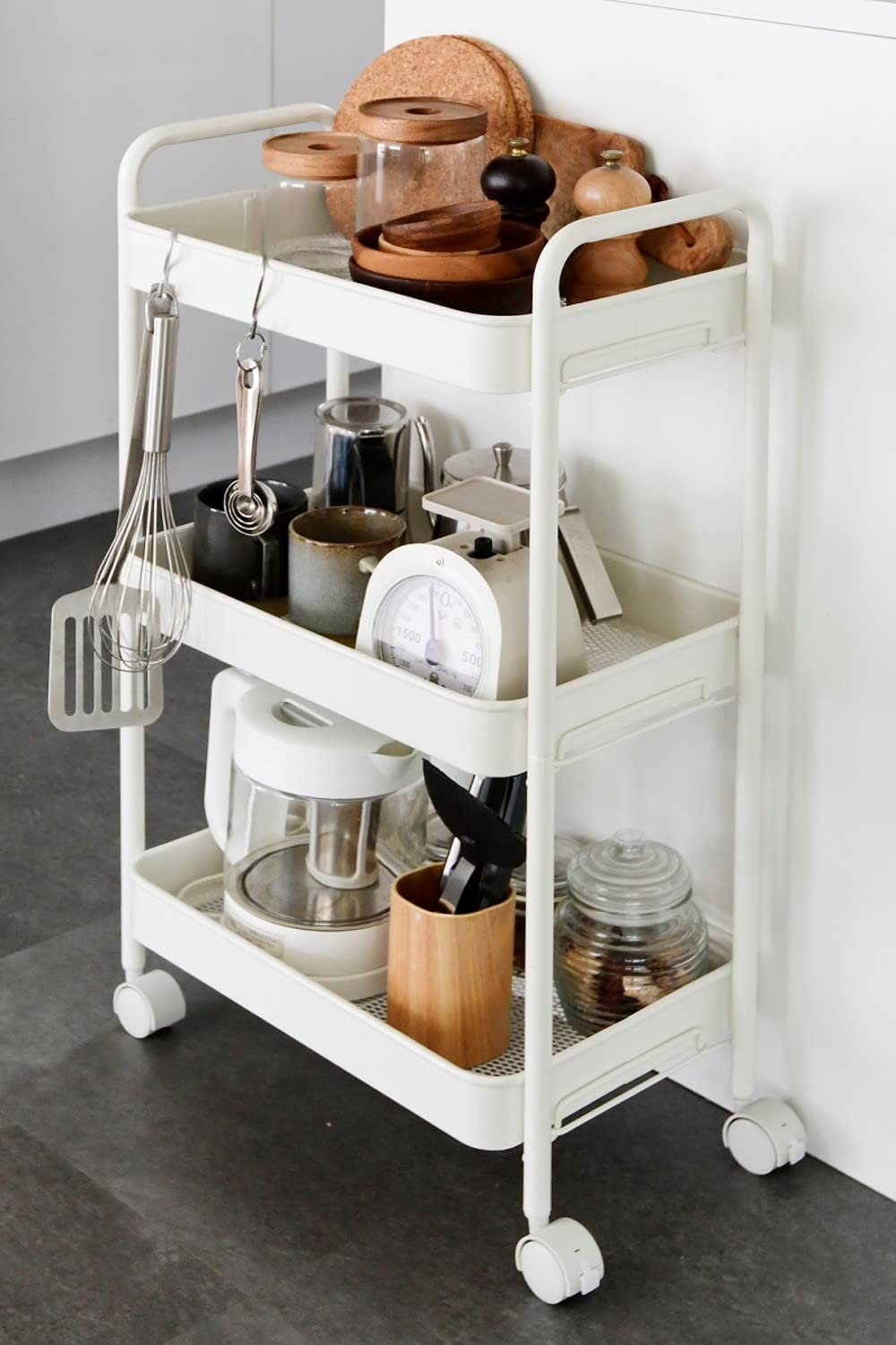 [山善] キッチンワゴン (スリム) キャスター付き 3段 幅43.5×奥行26×高さ74.5cm ワゴン 組立かんたん ホワイト LBW-3(MWH)