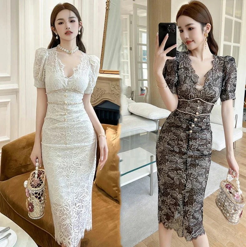 超人気新作 レースワンピース 韓国風 きれいめ タイトワンピース 可愛い お嬢様 ワンピース レディース パーティードレス 短袖 ワンピ 女性 ロングワンピース フォーマル 通勤 OL オフィスワンピ