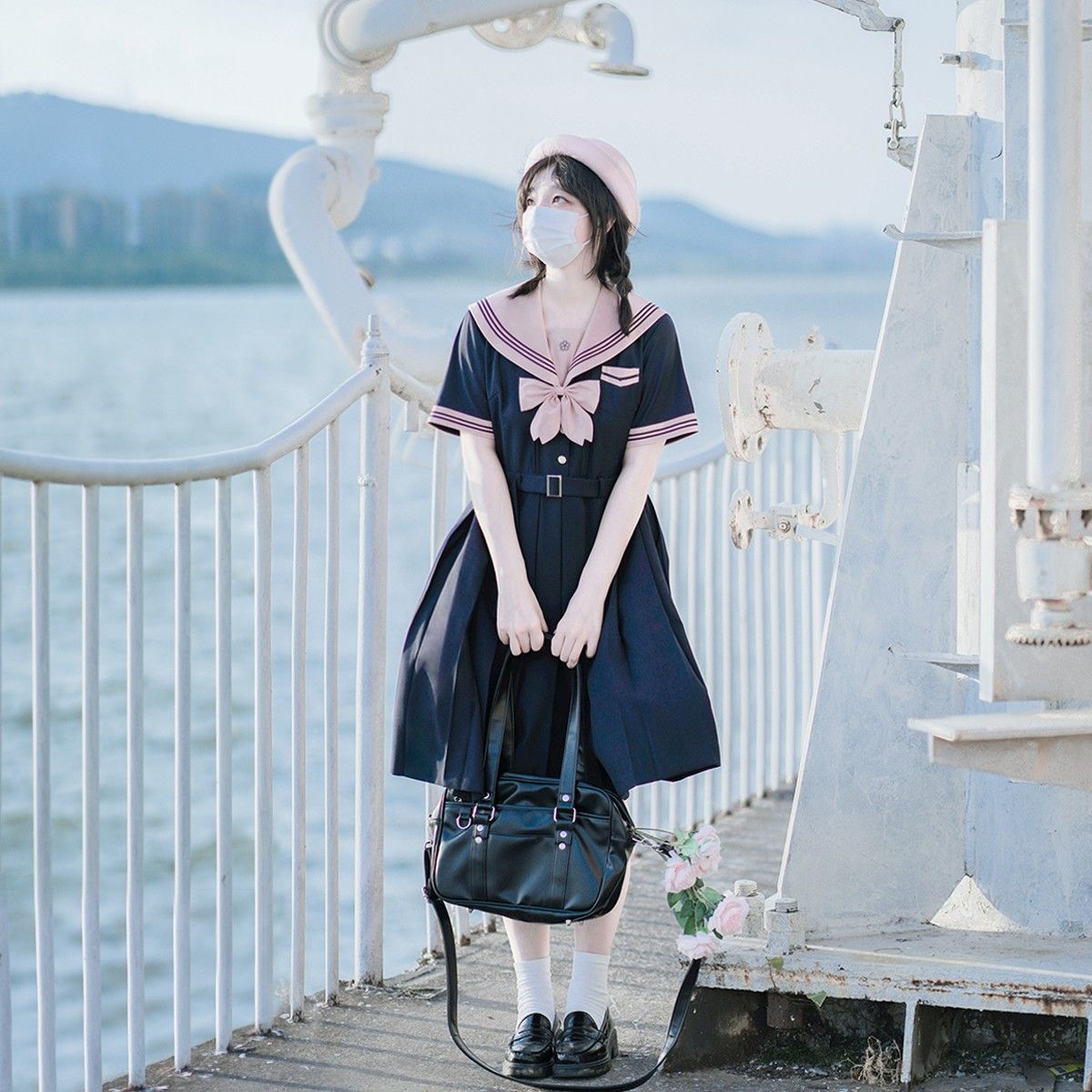 サクラファミリーjkユニフォーム【京荷高】紺粉三本ワンピース真夏服校供感半袖セットレディース