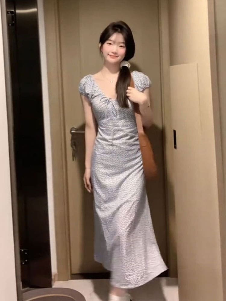 デザインvネック花柄ス2024夏女性用ハイウエスト着痩せロングスカート