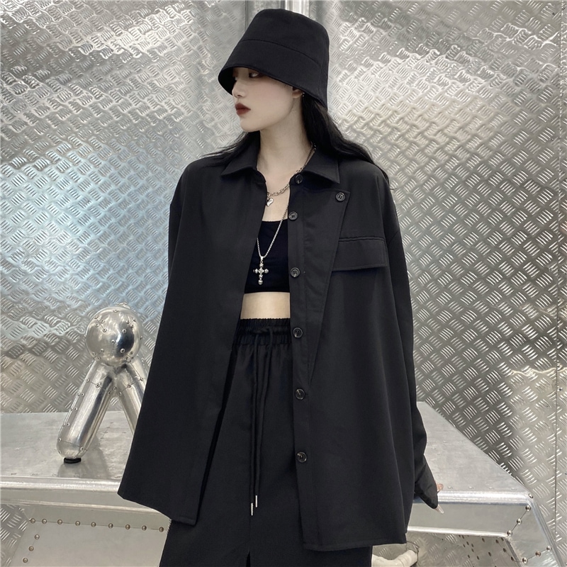 女性用長袖シャツブラックスリムフィット春新しい黒シャツルーズカジュアル秋ロングスリーブシャツジャケットレディース無地シンプルカジュアル多目的シャツルーズで快適