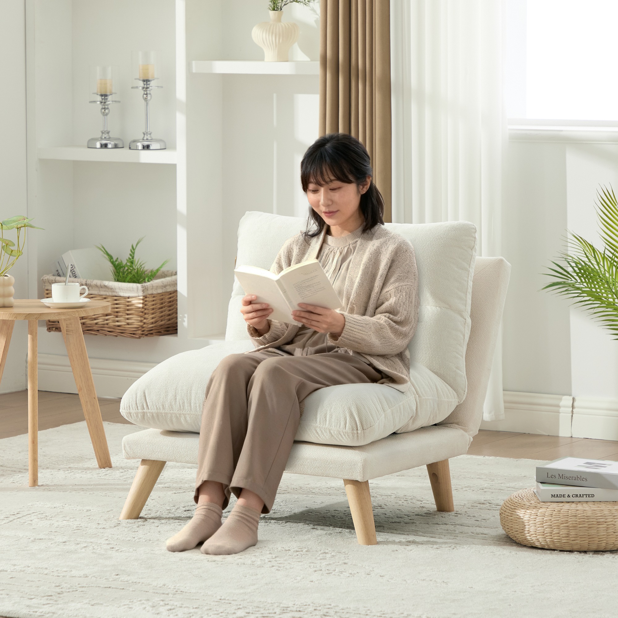 【送！料無！料　30日保証】一人掛け ソファ 座椅子 リクライニング 折りたたみ コンパクト 幅68cm 低反発 メモリーフォーム ふわふわ シェニール生地 無垢材フレーム 90160角度調節