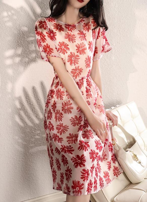 夏物　　レディース ワンピース　ドレス　ゆったり フォーマル フレア　卒業式 入学式　 通勤 大人　女子会 　丸首　細身　膝丈 　普通　花柄