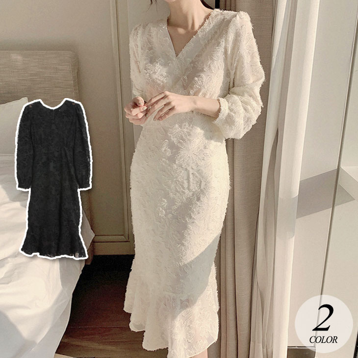 【2025新作 急速出荷】マーメイド ミモレ ワンピース 長袖 ロング カシュクール Vネック リボン シアー 透け感 シースルー 黒 ブラック オフホワイト 可愛い フェミニン きれいめ 春 秋 冬