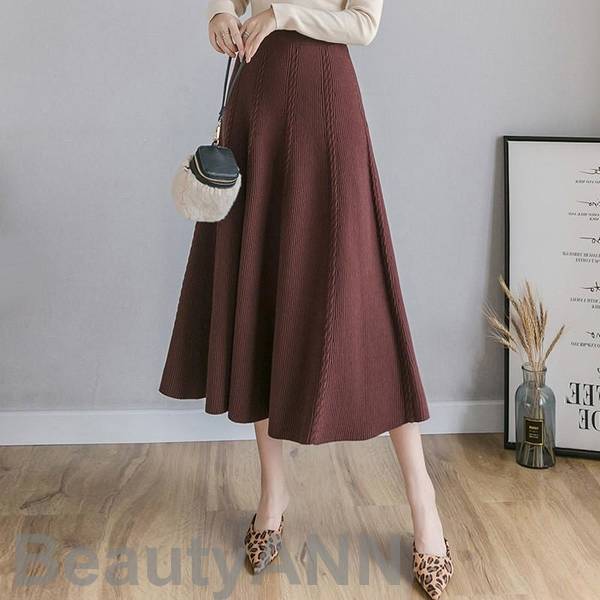新生活 フレアスカート レディース ニットスカート ロングスカート リブニット 無地 Aライン カジュアル フリーサイズ ミモレ丈 ゴムウエスト 秋冬 プレゼント ギフト