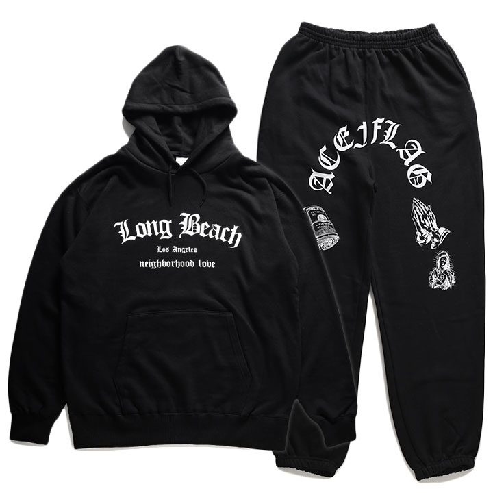 ACE FLAG 上下セット 長袖 メンズ 春秋冬用 黒 大きいサイズ エースフラッグ セットアップ パーカー フーディ Long Beach ロングビーチ LA