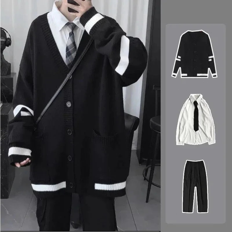 おしゃれ 3点セット メンズ Vネック ニットカーディガン+長袖シャツ+ロングズボン カジュアル セットアップ【激安販売】大好評