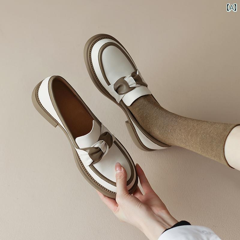 ローファー レディース 通学 通勤 学生 カレッジ 仕事 オフィス 春秋 革 オフ ホワイト 女性用 ラウンドトゥ ミディアム ヒール 太い ヒール 女性用 深口 シングル シューズ センス