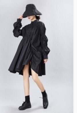 ワンピース シャツ ひざ丈 袖あり l アシンメトリードルマンスリーブ Vネック Uネック フレア プリーツ 綿 かわいい 大人 上品 おしゃれ アジアン 無地 10代 20代 30代 レディース
