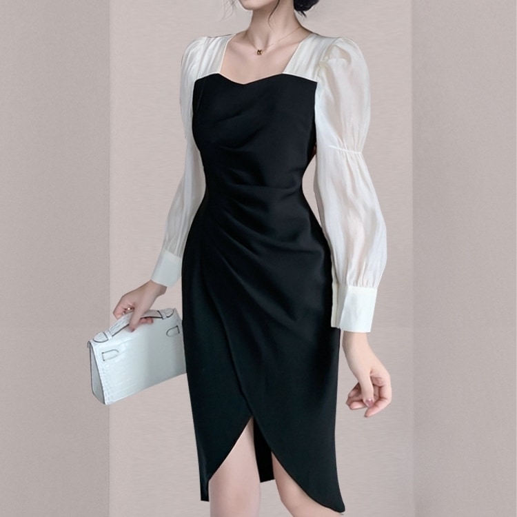 ワンピース レディース 送料無料 タイトワンピース ミディ丈 ミディアム丈 お呼ばれドレス パーティードレス スクエアネック Vネック 長袖 パフスリーブ ハイウエスト 体型カバー 二の腕カバー 脚長