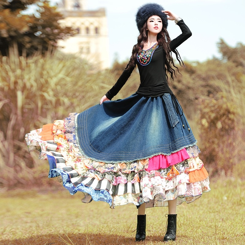 3144.ロング丈 花柄フリルデニムスカート（ネイビー）2019 春夏 sale お出かけ かわいい