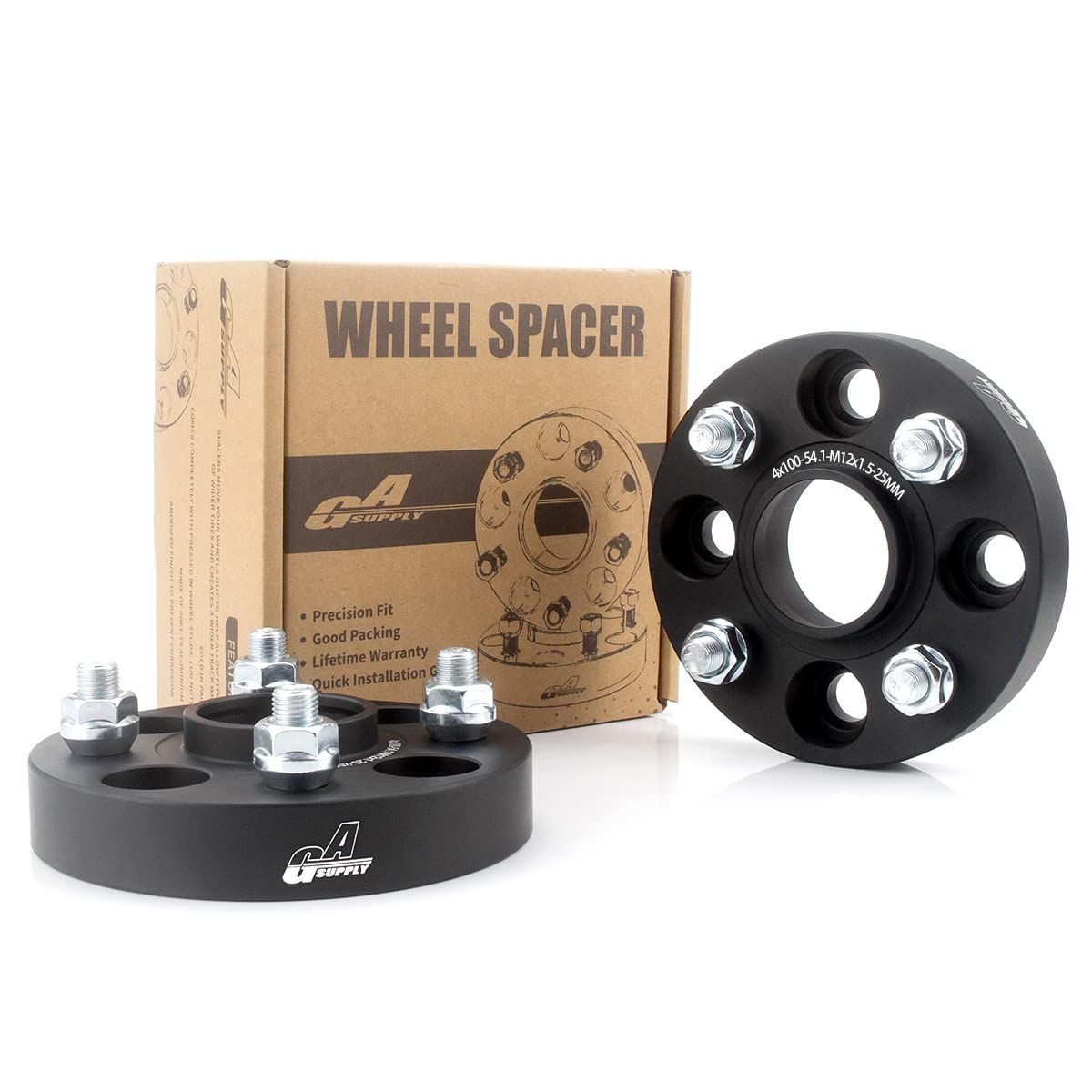 GAsupply 鍛造ワイドトレッドスペーサー PCD100 4H 内径54.1 M12XP1.5 厚さ25mm ワイトレハブリング一体 マットブラック【2枚セット】