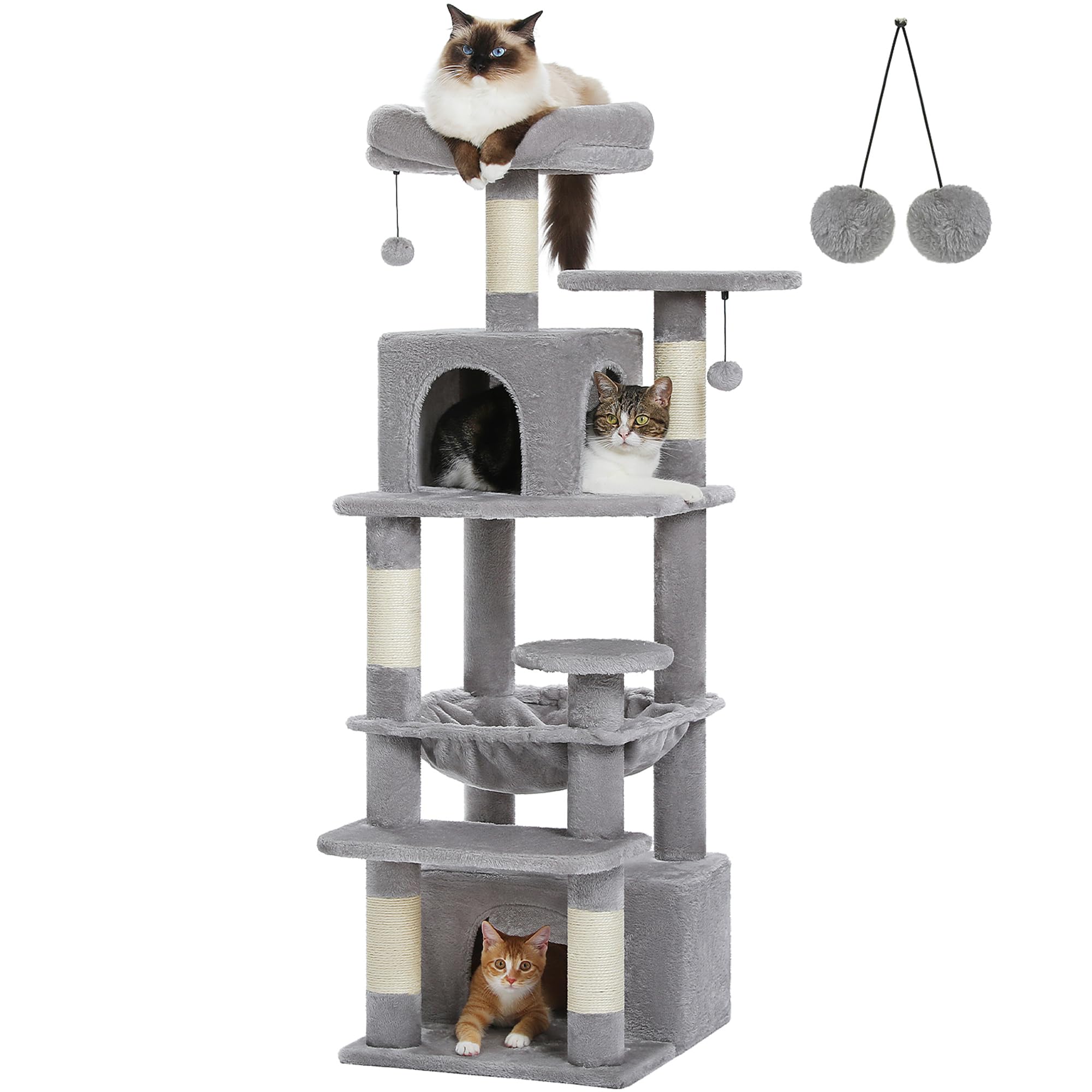 PETEPELA(ぺテぺラ) キャットタワー スリム 多頭飼い 据え置き コンパクト ハンモック 麻紐 爪研ぎ 猫のおもちゃ 転倒防止 展望台 猫ベッド 運動不足解消 - S 高さ136cm グレー