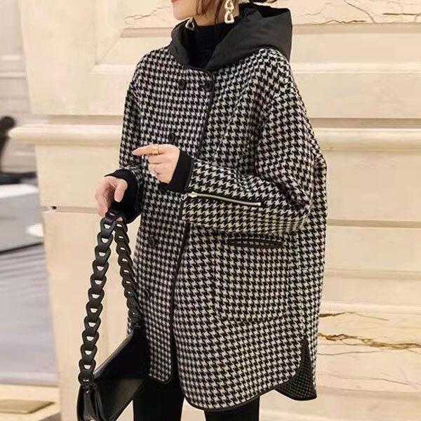 大きいサイズ 千鳥格子柄 コート ミドル丈 レディース アウター フード付き ウールコート ゆったり ジャケット 30代 40代 50代 秋冬