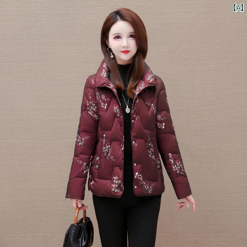 ジャケット ダウンジャケット レディース 刺繍 入り 大きいサイズ 暖かい ダウン 女性 冬 母 厚手 ショート ホワイトダックダウン