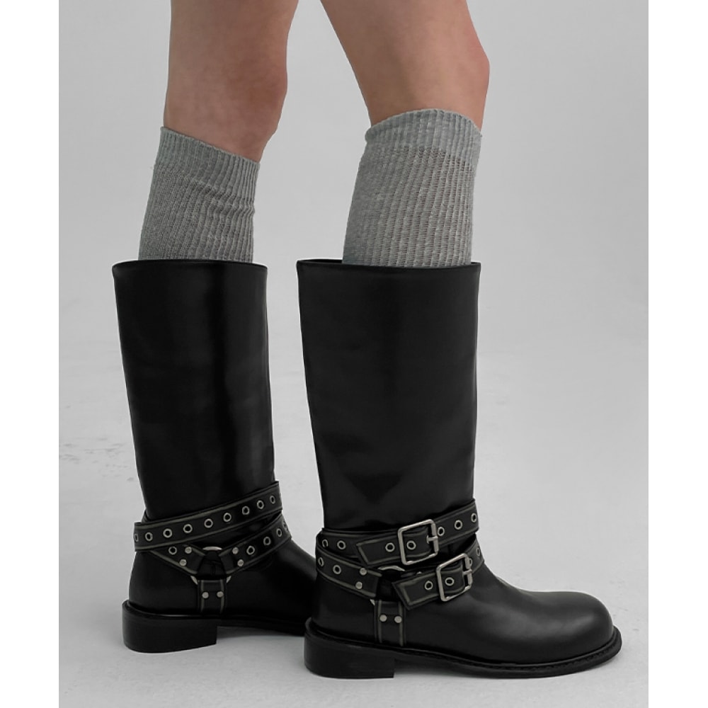 ブラックアップディポロンアイレットバイカーミドルブーツ