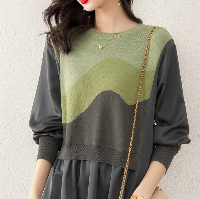 大きいサイズトップス 異素材ミックストップス お腹カバーニットセーター フリルトップス トップス ニットソー セーター プルオーバー ビッグT 袖あり 長袖 Uネック ラウンドネック ワイド フリル