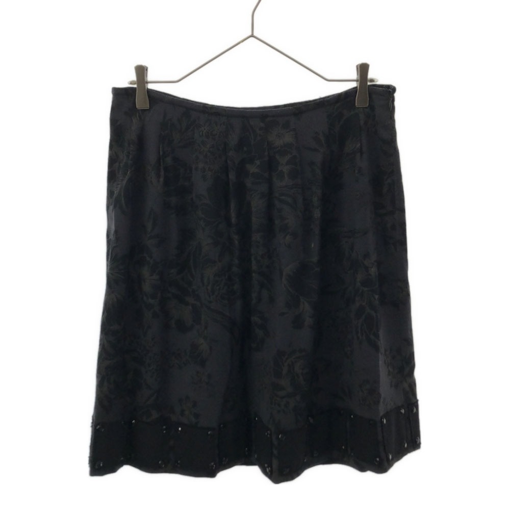 イタリア製 花柄 ビーズ装飾 ミディ丈 タック フレアスカート 42 ブラック系 サイドジップ 裏地付き レディース