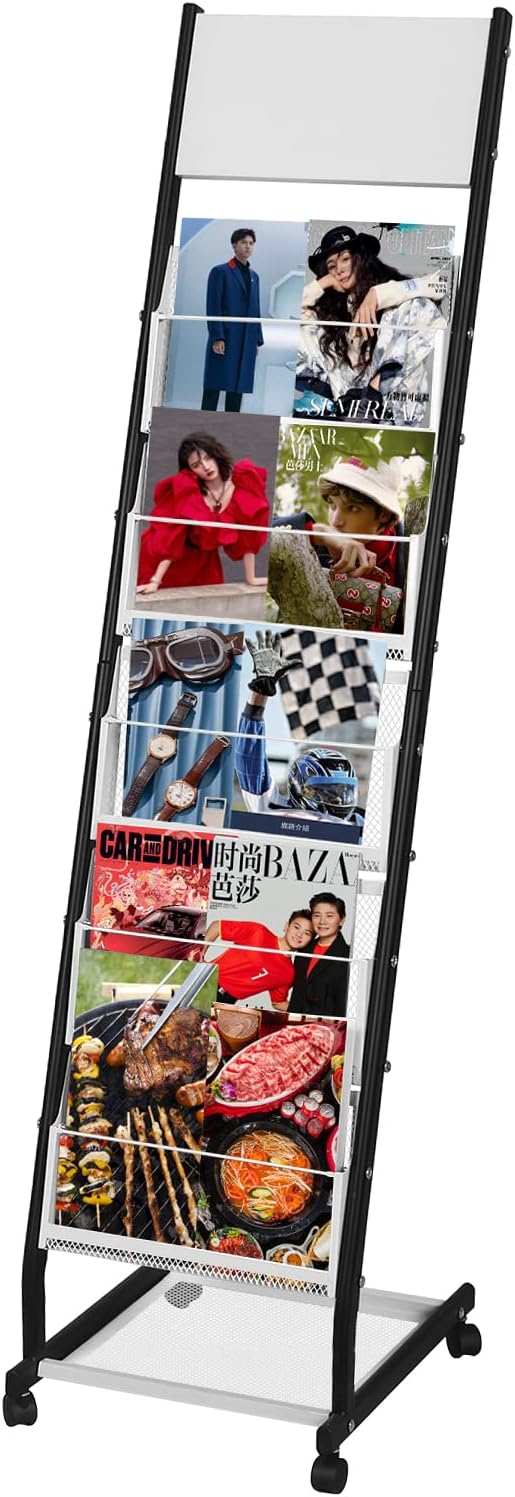 GIBLEA パンフレットラック カタログスタンド マガジンラック 5段 キャスター付 大容量 スチール製 黒 パンフレット ラック 待合室 学校 図書館 用