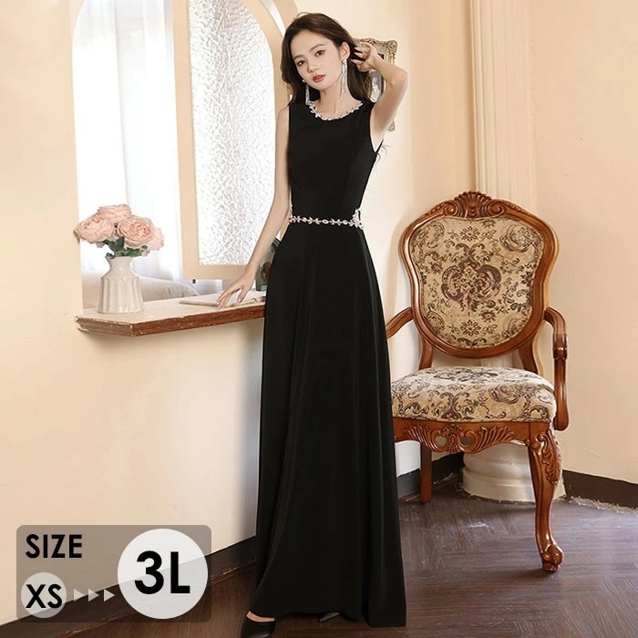 ドレス キラキラ ノースリーブ 黒 ワンピース 大人 袖付き ピアノ 発表会 ロングドレス 大きいサイズ 小さいサイズ 演奏会 結婚式 母親 演奏会ドレス 大人 レディース ロング丈 披露宴 韓国 イ