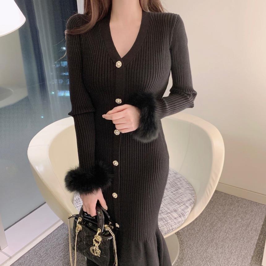 ファートリム ニットボタン ロングワンピース 3色 OHCA0121