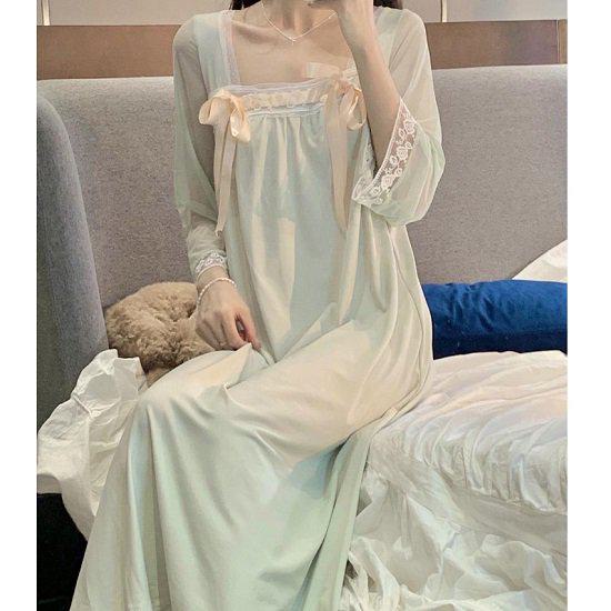 ネグリジェ ワンピース 姫 パジャマ ルームウェア レース プリンセス リボン ロング丈 7分袖 ナイトウェア かわいい おしゃれ スクエアネック 無地 グリーン ピンク 姫系 リラックス 体型カバー