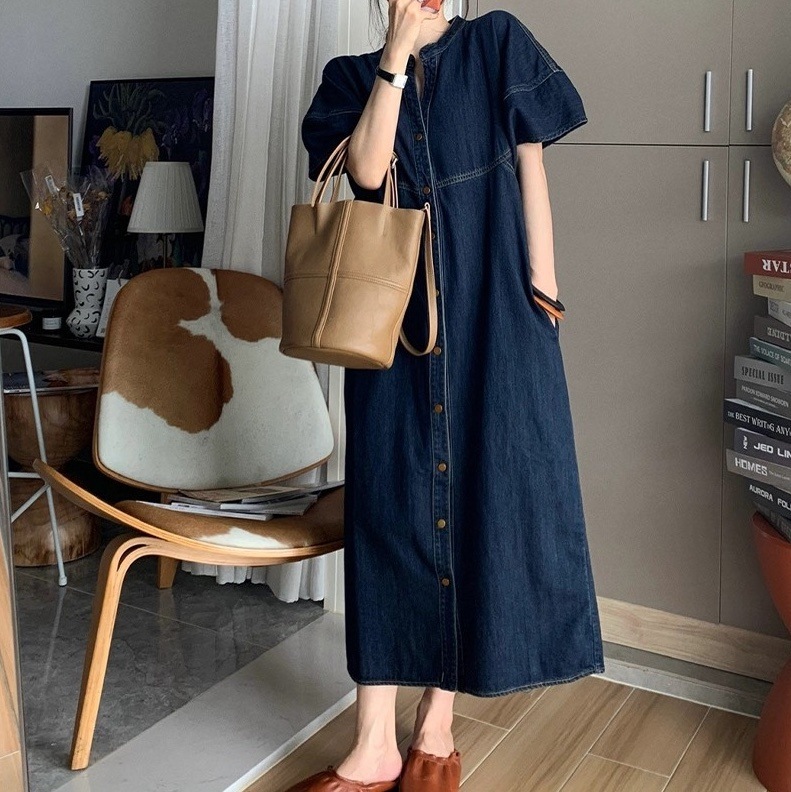 ワンピース デニムワンピース ロング ロング丈 マキシ マキシ丈 袖あり 半袖 Uネック ラウンドネック Aライン ウエストマーク ハイウエスト 薄手 かわいい 大人可愛い シンプル カジュアル