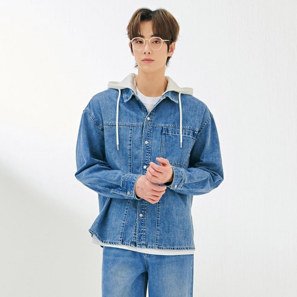 （チェースカルト）メンズフード付き取り外し可能なデニムシャツ-Dark5431B0N