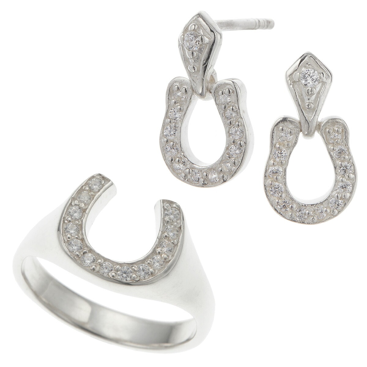リングとピアス 2点セット シルバー925 キュービックジルコニア 馬蹄 ホースシュー パヴェ