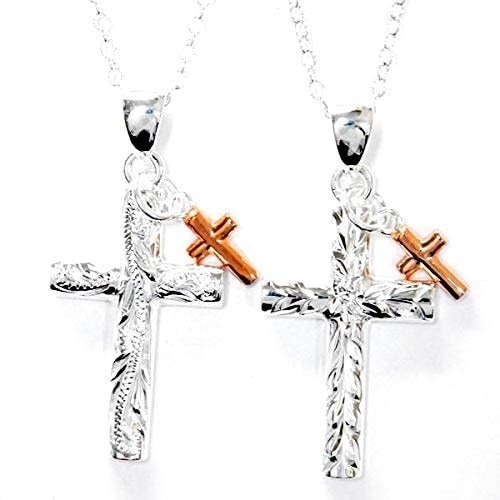 ２連 ハワイアンジュエリー ペンダント ネックレス クロス 十字架 ピンクゴールド ミニチャーム レディース シルバー925 スクロール 波彫り/マイレ 葉柄彫り