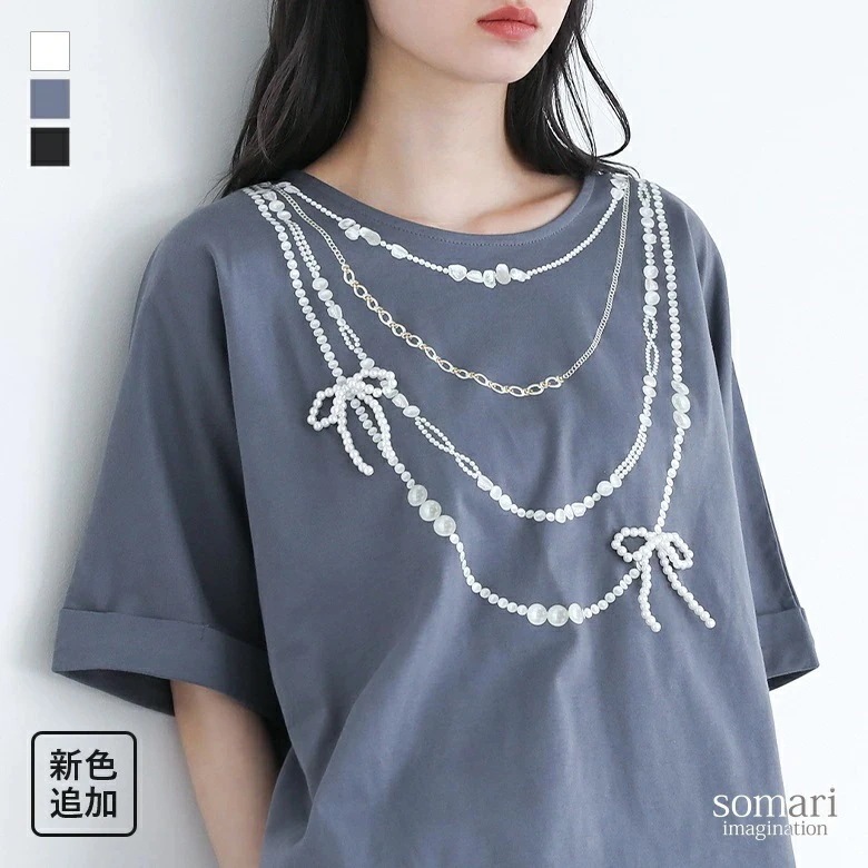 Tシャツ カットソー 半袖 5分袖 トップス レディース 春 夏 プリント プリントTシャツ リボン フェイクパール クルーネック Uネック コットン100％ 綿100％ ゆったり 大きいサイズ 体