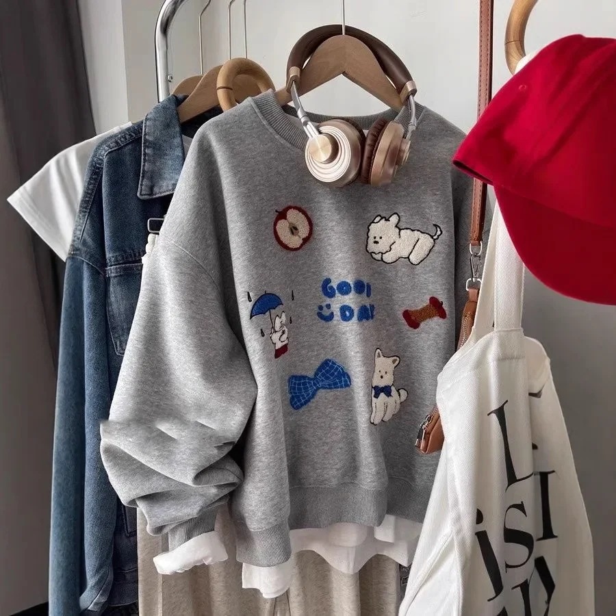 女性用フリース裏地付きスウェットシャツ,ルーズフィット,多用途,ラウンドネック,厚手,小型犬,刺embroidery,群れの弓,韓国スタイル,新品 - AliExpress 200000345
