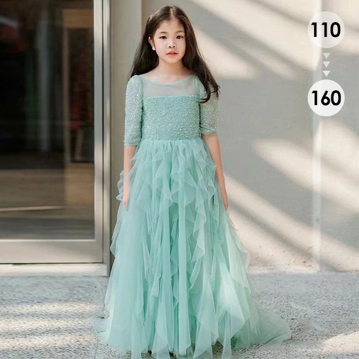 新しい ピアノ発表会 ドレス 子供 女の子 グリーン 発表会ドレス 五分袖 子ども ワンピース お祝い日 演奏会 音楽会 フォーマル 誕生日 撮影 パーティー ジュニア キッズ ロングドレス ロング