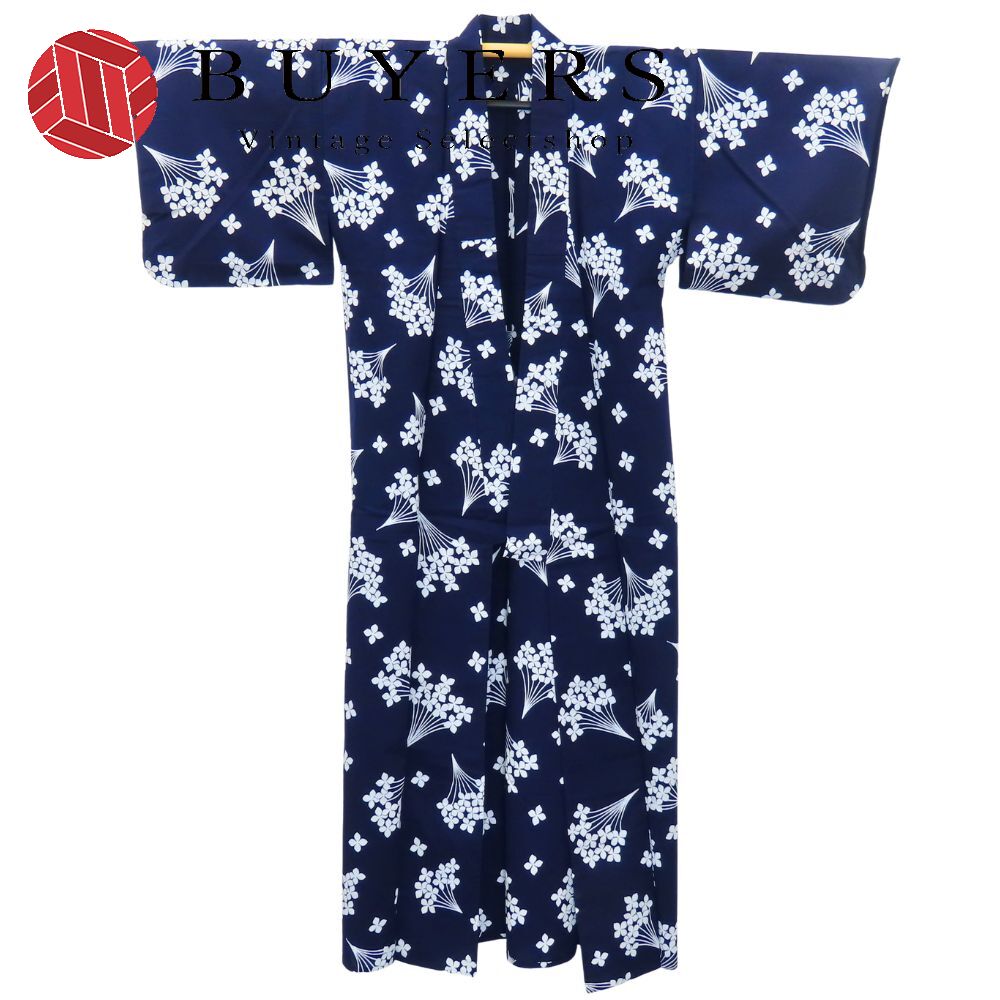 中古 浴衣 綿 ネイビー ホワイト 注染 和装 呉服 和服 きもの レディース 女性