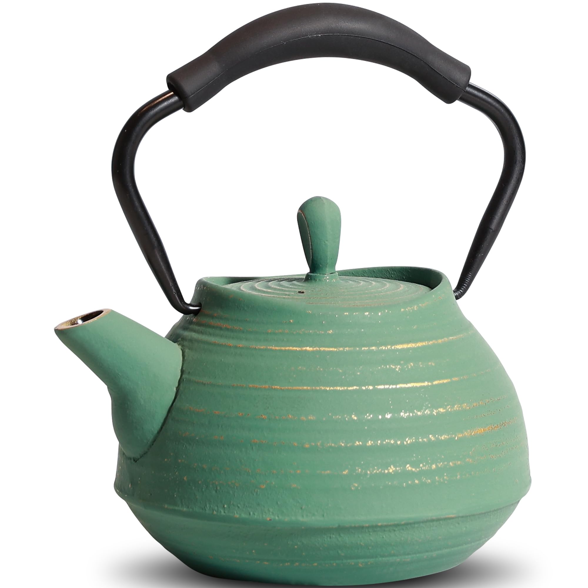 鉄器 南部鉄器 焼き付け鉄瓶 650ml茶こし付きで茶葉やコーヒーを煮るために使用 伝統的な金縁の模様 内部はエナメル加工 耐熱シリコンハンドル茶道道具 緑色