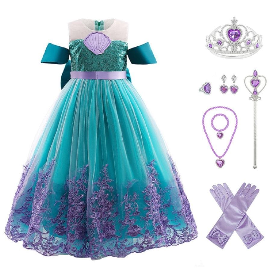 2025新作先行発売アリエル ドレス 子供 コスプレ 衣装 豪華８点 セット ドレス 手袋 ティアラ ステッキ ネックレス イヤリング など 100 110 120 130 140【短納期】 4,593円