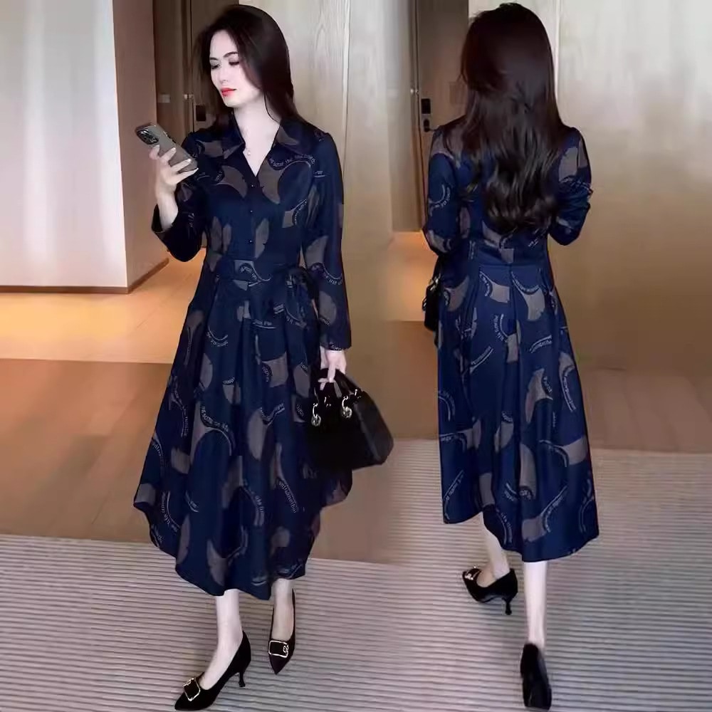 プリントpolo襟ワンピース女性秋年韓版修身気質膝a字スカート