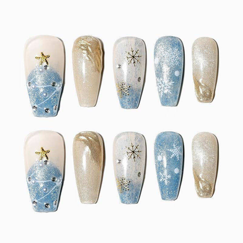 Sun&Beam Nails 手作り ネイルチップ ミディアム ロング コフィン バレリーナ ブルー ゴールド ホワイト つけ爪 クリスマス デザイン おしゃれ 付け爪 10枚入 (#143 L)