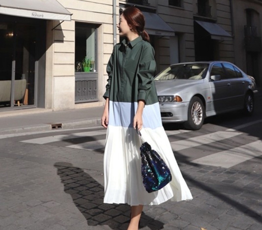 1621.プリーツロングシャツワンピース（ホワイト）2019 春夏 sale 春夏 sale 通学 通勤 カジュアル カフェ レストラン ショッピング