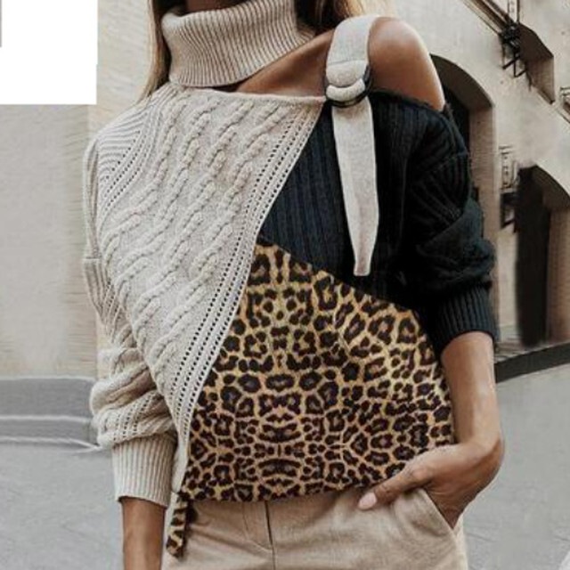 【送料無料】レディース ヒョウ柄 パッチワーク タートルネック セーター オフショルダーニット