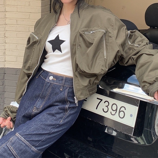 MA-1 アウター レディース クロップ丈 韓国 ポケット ミリタリー ストリート ポケット ボリューミー 袖あり 長袖 かっこいい カッコイイ かわいい 大人可愛い 大人 おとな 大人女子 シンプル