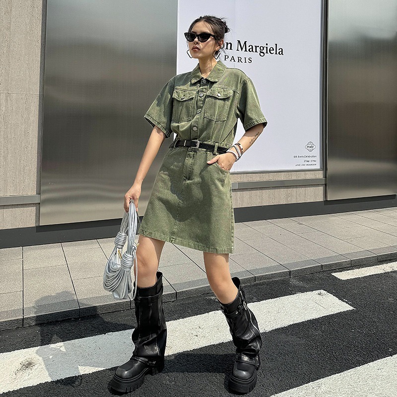 2024 新作 シンプル 開き襟 シャツワンピース 気質 高級感 ハイウエスト ワンピース 着痩せ デニムワンピース リゾート ワンピース