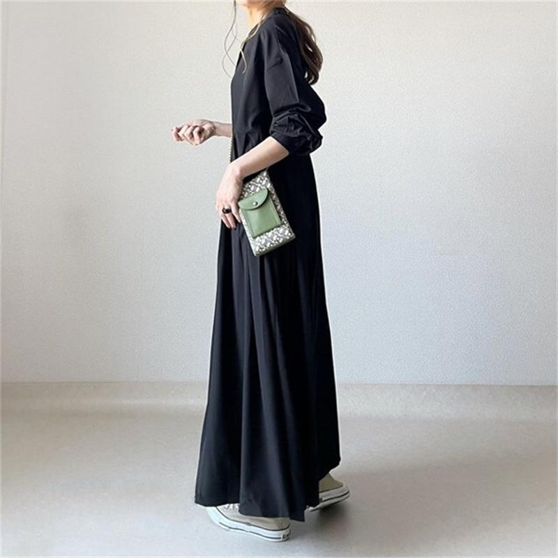 ワンピース レディース ロング丈 立ち襟 Aライン シンプル 春 きれいめ 体型カバー お洒落 カジュアル