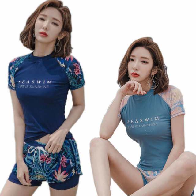 レディース 水着 水着セット 体型カバー ラッシュガード 半袖 スポーティー フィットネス 水着 2点セット セパレート タンキニ トップス ショートパンツ 半袖 夏 韓国風 水着 レディース 体型カ